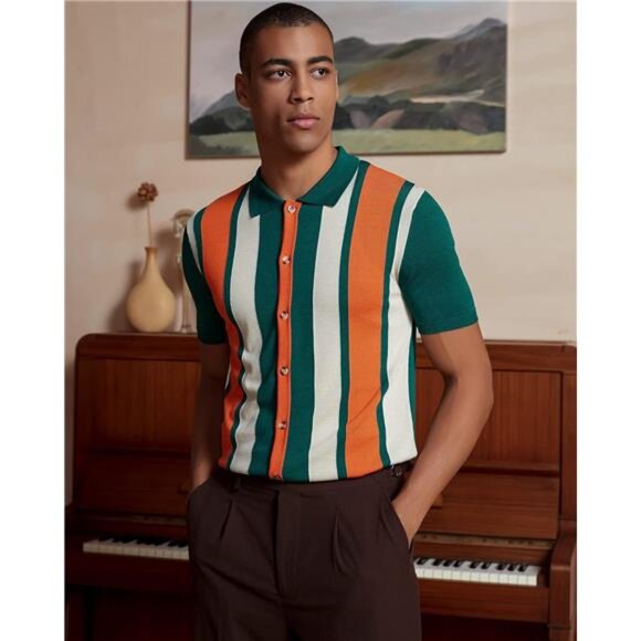 Men's Vintage Knit Polo Shirt Short Sleeve Olive - Picture 5 of 6